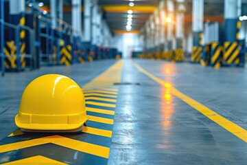 Yellow Safety Helmet on Industrial Floor with Caution Stripes