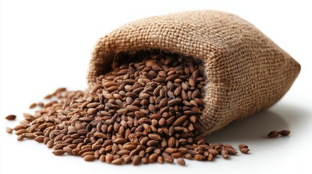 Rustic burlap bag spills aromatic cumin seeds on clean white surface