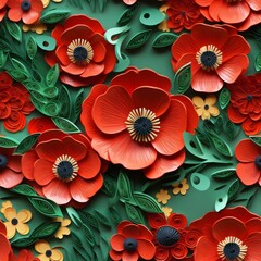 Seamless Red Poppies Pattern, 3D Paper Quill Design, Floral Background, Resembling a paper quill pattern, 3D Illustration of Flowers