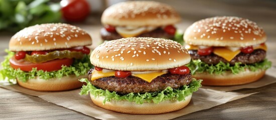 Summer sale poster featuring delicious burgers with sesame seed buns on a wooden surface. Fresh ingredients with vibrant colors entice tasty deals.