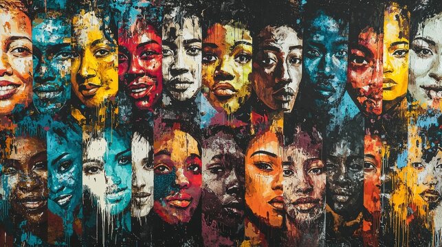 Colorful abstract faces art, a vibrant mosaic of diverse people symbolizing unity and inclusivity. Ideal for promoting diversity, equality, and cultural awareness initiatives.