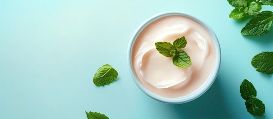 Moisturizing cream in a white cup with peach blush and fresh mint leaves positioned on a light blue backdrop creating a refreshing aesthetic.