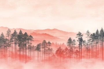 Obraz premium Serene sunrise over misty mountain landscape with silhouettes of evergreen trees