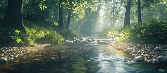 Serene forest stream with sunlight filtering through lush green foliage and reflecting on tranquil water, featuring smooth stones along the water's edge.