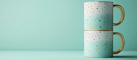 Minimalist turquoise and gold stacked mugs on a soft mint background with space for text ideal for holiday gift ideas and promotional designs