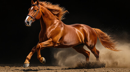 Chestnut horse galloping in motion against a dark background, kicking up dust