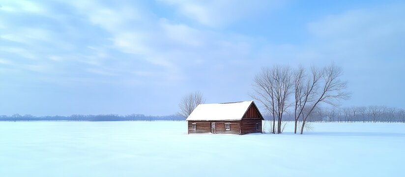 Solitary red cabin in expansive white snowy field under a pale blue sky with bare trees in the background emphasizing winter's tranquil isolation - Powered by Adobe