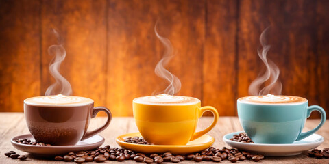 Fototapeta premium Three Cups of Steaming Latte Art Coffee on Wooden Table