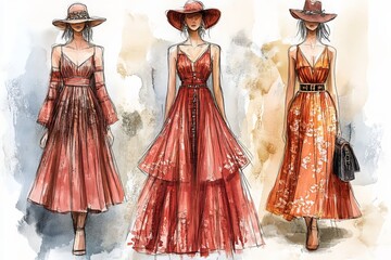 Fototapeta premium Stylish summer dresses in shades of red displayed with fashionable accessories against a soft watercolor backdrop