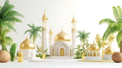White gold modern mosque in 3D illustration with crescent moon and Ramadan lanterns, giving a luxurious and Islamic impression, ideal for posters, wallpapers, as well as Eid al-Fitr and Eid al-Adha co