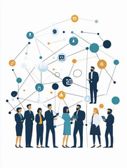 Professional business network illustration with interconnected nodes, people interacting, and communication icons.