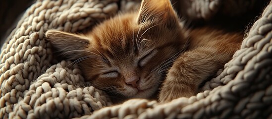 Cozy brown kitten sleeping soundly in a textured knitted blanket with warm tones creating an intimate and serene atmosphere.