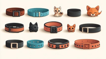cartoon pet collar set leather dog tag puppy and cat animal pet collar sign single isolated vector graphi