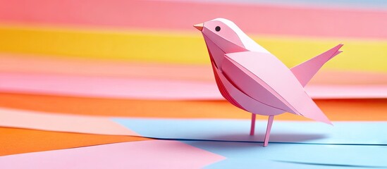 Paper bird in soft pink stands on vibrant striped background of pastel pink, blue, orange, and yellow, captured with shallow depth of field.