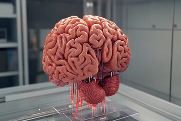 3D printer creating a detailed model of a human brain in a laboratory setting