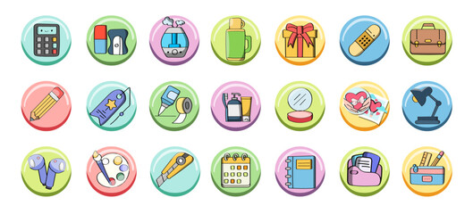 A collection of hand-drawn stationery icons on removable circles