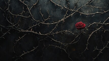 A single red rose amidst thorny branches against a dark wall