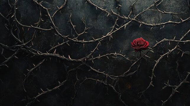 A single red rose amidst thorny branches against a dark wall