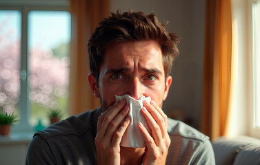 Man struggles with allergies: Using wipes to relieve symptoms