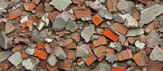 A large heap of construction waste featuring orange brick pieces, grey cement, and concrete fragments scattered throughout the image.