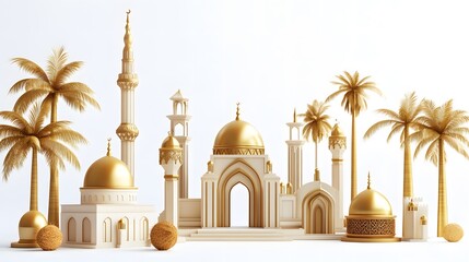 3D illustration of a modern mosque dominated by white and gold, decorated with crescent moons and lanterns, creating an elegant design for wallpaper, banners and Ramadan and Eid content.