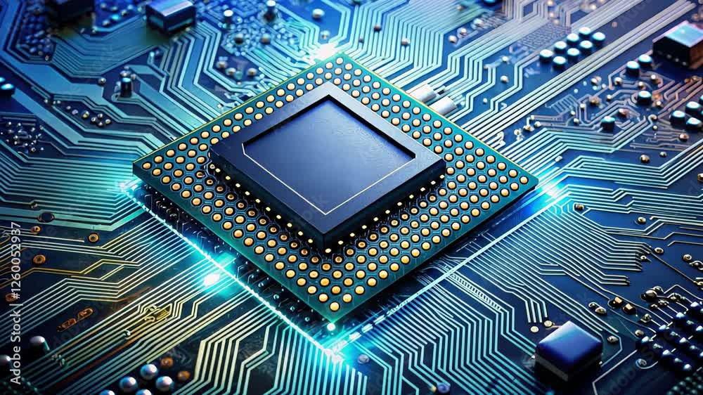 Poster exploring the intricate world of circuit boards and computer processing technology with vibrant deta