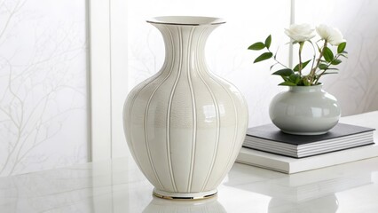 Elegant White Ceramic Vase with Vertical Lines