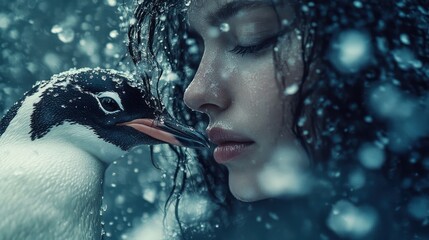 Woman and Penguin Sharing a Moment in a Snowy Landscape