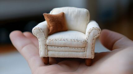 A small white and brown fabric chair being held in the palm of hand