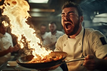 Fototapeta premium Chef flambéing food in a busy restaurant kitchen, yelling with excitement and passion.