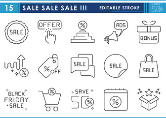 A set of line icons related to Sale. Save, bonus, discount, percent, offer, marketing, shopping, gift, and so on. Vector editable stroke.