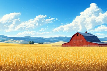 Golden wheat fields stretch towards a red barn in a serene landscape under a bright blue sky