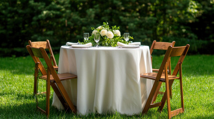 Elegant outdoor dining setup with round table, chairs, and floral centerpiece