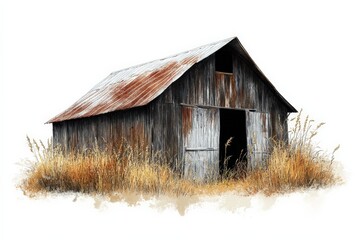 Obraz premium Old rustic barn surrounded by tall grass at sunset in a rural setting