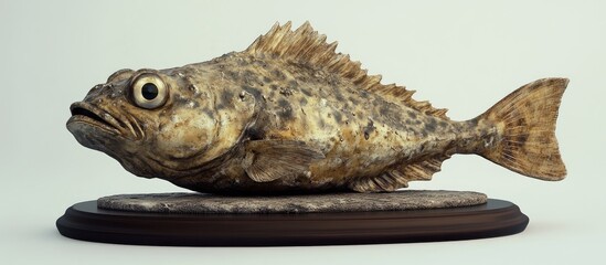 Obraz premium Thick thimblefish displayed on a sturdy flat surface against a muted background showcasing earthy tones and highlighting its textured body and fins.
