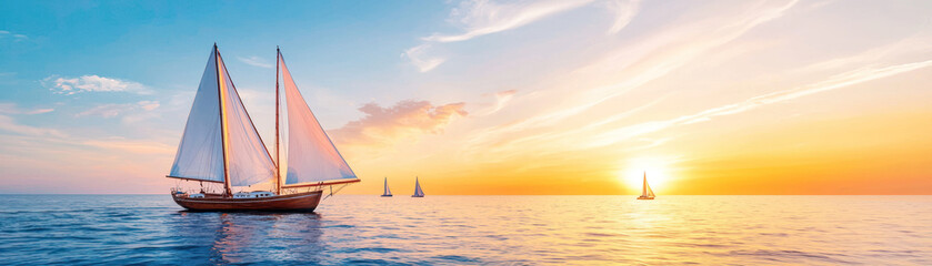 Sailing boats on calm water during sunset with vibrant sky colors