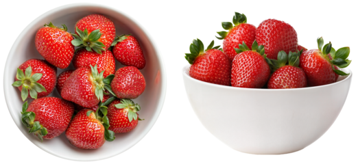 Fresh red strawberries in white bowls with green leaves isolated on a transparent background, side view and top view