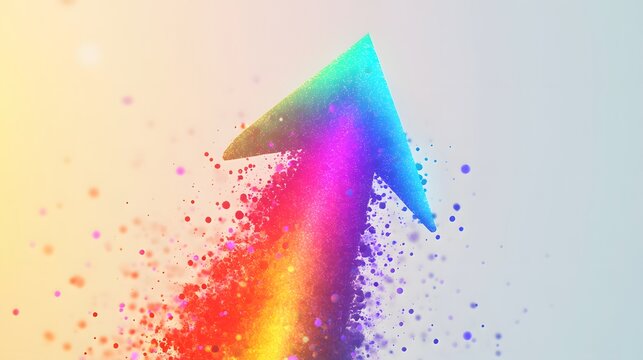 Colorful upward arrow composed of dissolving particles on soft background