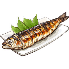 anime style illustration of a japanese yakizakana, grilled fish, on a white background, looking delicious