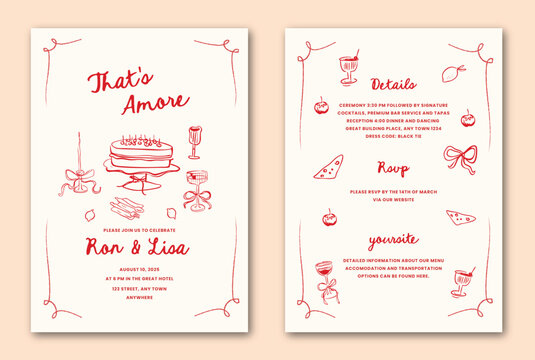La dolce vita hand drawn whimsical doodle wedding invitation template