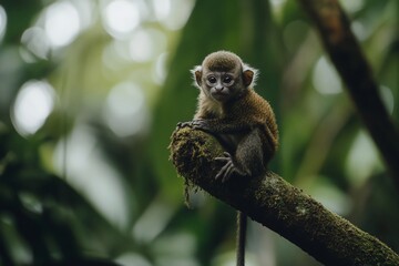 Obraz premium Adorable baby monkey sitting on a mossy branch in a lush green rainforest.