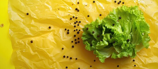 Fresh green lettuce leaf atop a yellow plastic surface scattered with black seeds creating a vibrant contrast in colors and textures.