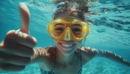 Naklejka premium A girl wearing yellow goggles and swimming in the clear blue water, giving a thumbs up with both hands