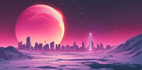 Futuristic city with a bright pink moon and snowy landscape