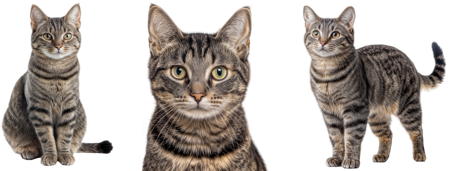 Set of tabby cats in different poses with detailed fur texture isolated on a transparent background