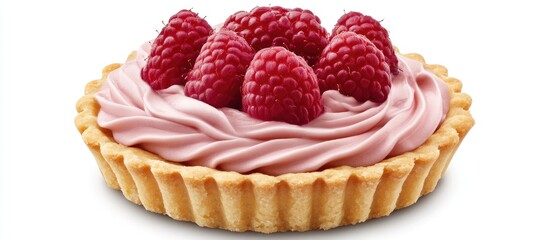 Delicious raspberry tartlet with a golden crust, topped with smooth pink mousse and fresh red raspberries, centered on a white background.