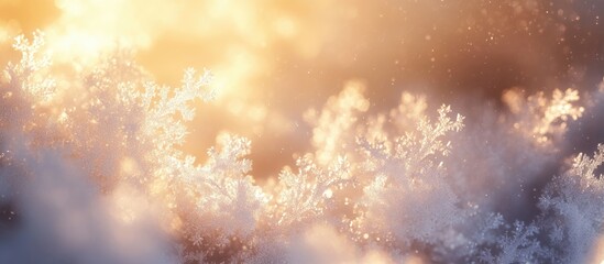 Soft golden and white hues blend seamlessly in a serene winter backdrop with delicate snowflake-like effects creating a tranquil atmosphere.