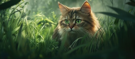 Obraz premium Fluffy cat with green eyes peering through vibrant green grass in a serene open field, captured in a tranquil and lush outdoor setting.