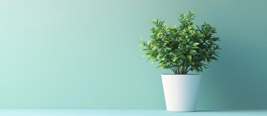 Vibrant green plant with slender leaves in a white plastic pot situated against a soft mint green wall showcasing simplicity and freshness.