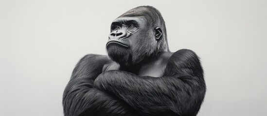Fototapeta premium Gorilla with crossed arms showcasing strength and serenity against a neutral background highlighting its impressive black fur and muscular figure